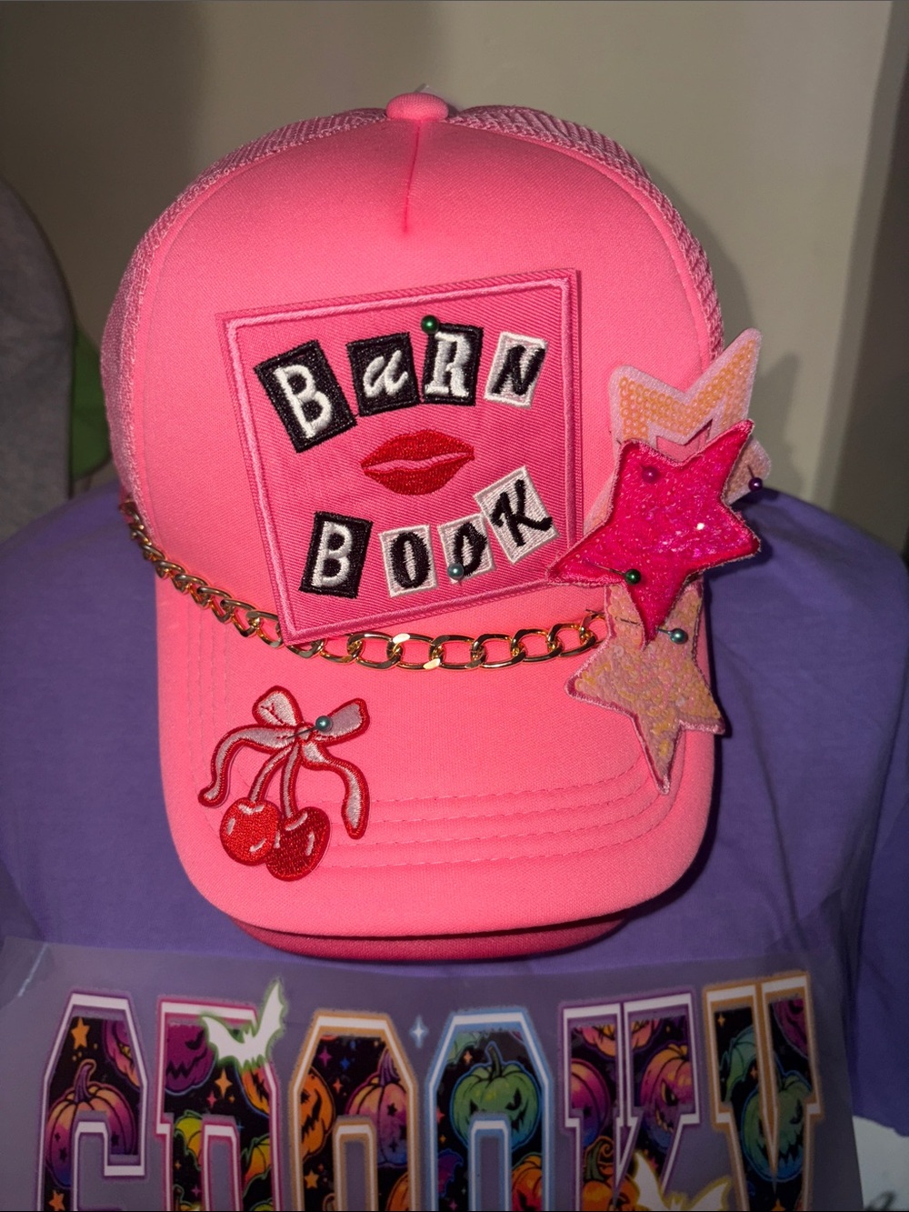 Bright Pink 'Burn Book' Patch Trucker Hat Custom made! you can change the placed